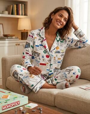 BedHead Pajamas Monopoly Organic Cotton Stretch PJ Set Notch Collar Board Game S
